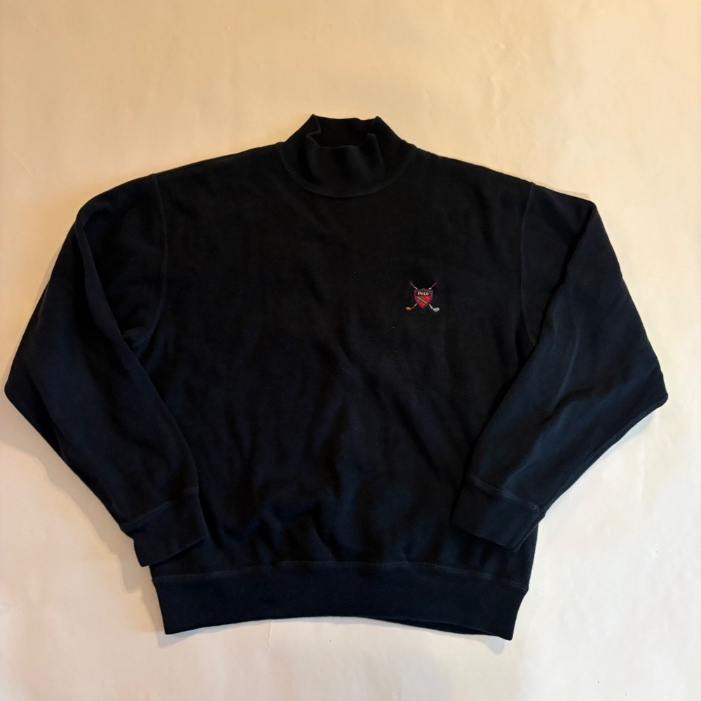 Polo Golf Ralph Lauren Mens Large Black Mock Neck Sweatshirt Made in USA Cotton